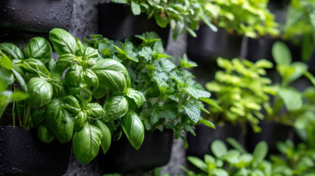 Various fresh herbs, including basil and mint, thrive in a vertical garden setup. The plants are arranged in black pots, showcasing vibrant green colors.の素材