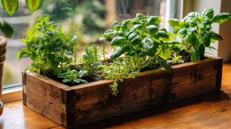 A wooden planter filled with various herbs sits on a sunny windowsill. The green plants thrive in the natural light, creating a vibrant and inviting kitchen atmosphere.の素材