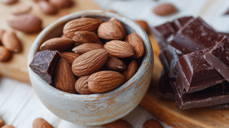 A bowl filled with almonds sits alongside chunks of dark chocolate on a wooden tray. The scene showcases a natural and healthy snack option perfect for any time.の素材