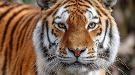 A close up of a powerful tiger with striking orange and black stripes observing its environment.の素材