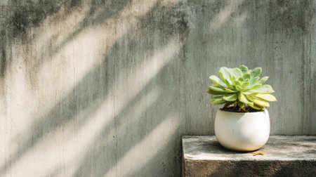 A vibrant succulent thrives in a white pot contrasting with a textured concrete wall and gentle shadows.の素材