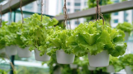 Lush green lettuce plants are suspended in white pots within a contemporary greenhouse. Sunlight filters through, creating a vibrant and healthy atmosphere for growth.の素材