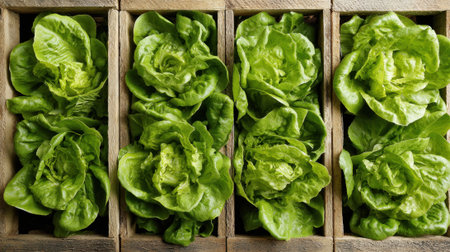 Crisp and vibrant green lettuce heads fill wooden crates, showing their freshness. This scene highlights the collection of produce before being sold at a local market.の素材