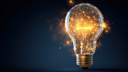 A glowing light bulb radiates sparkles creating an inspiring atmosphere in a dark environment.の素材