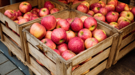 Bright red apples fill wooden crates at a bustling market showcasing the harvest seasons bounty.の素材
