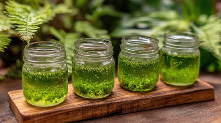 Four small jars filled with bright green drinks sit on a wooden plank. The background features lush plants, creating a vibrant and fresh atmosphere ideal for a summer gathering.の素材
