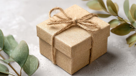 A charming gift box tied with twine sits on a soft surface among fresh greenery perfect for celebrations.の素材