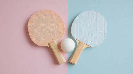 Two vibrant ping pong paddles in pastel colors sit beside a white ball on a colorful background.の素材