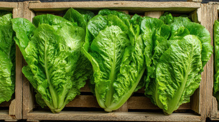 Crisp green romaine lettuce is lined up in a wooden crate, showing its vibrant leaves and fresh appearance. This scene captures the essence of a bustling market.の素材