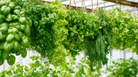 Various herbs and leafy greens hang from a structure inside a greenhouse, illuminated by sunlight. The plants showcase vibrant green colors, highlighting their freshness.の素材