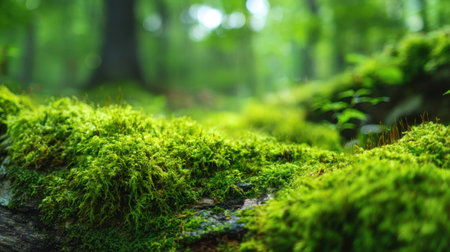 Lush green moss blankets fallen logs on the forest floor, surrounded by tall trees. Early morning light filters through the leaves, creating a peaceful atmosphere.の素材
