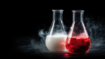 Two glass beakers hold a white and a red liquid emitting gentle wisps of steam in the darkness.の素材