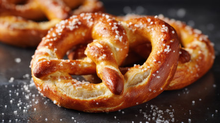 Freshly baked soft pretzels topped with coarse salt make a tempting treat in a cozy setting.の素材