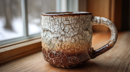 A handcrafted ceramic cup with a unique crackled design sits on a warm wooden surface.の素材