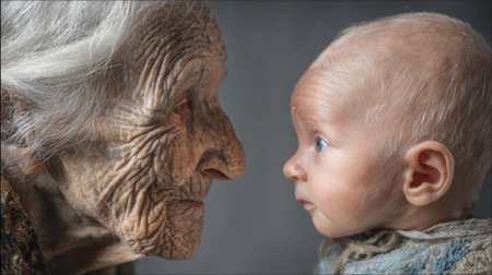 A baby and an elderly woman share a heartfelt stare showcasing the beauty of life and age.の素材