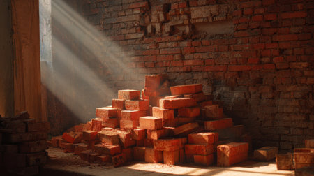 Sunlight filters through a dusty window onto a stack of red bricks in a quiet room.の素材
