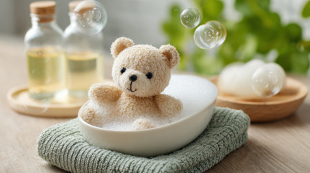 Soft toy bear enjoys a bubble bath surrounded by essential oils and fluffy towels creating a serene atmosphere.の素材