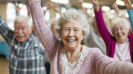 A lively group of seniors enjoys a joyful dance class filled with laughter and movement.の素材