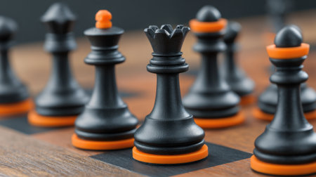 A strategic battle takes place as black and orange chess pieces await the next move on a polished board.の素材