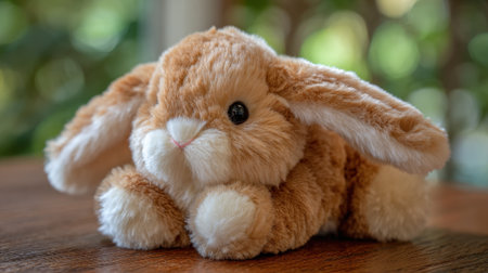 A cute fluffy bunny stuffed toy lies on a warm wood surface creating a cozy atmosphere.の素材