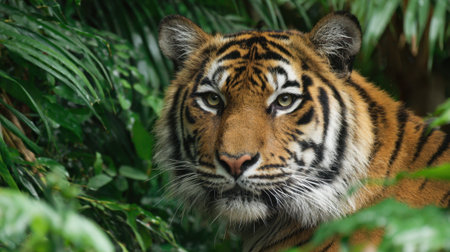 A powerful tiger peers intently through dense greenery in the wild showing its striking features.の素材