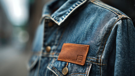 Close up view of a fashionable denim jacket with unique textures and rich colors in a city setting.の素材