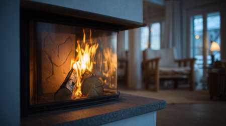 Flames dance gently in the fireplace casting a warm glow in the peaceful room filled with chairs.の素材