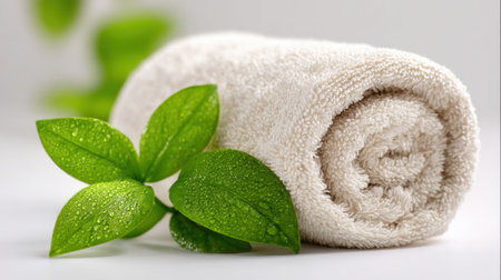 A rolled towel sits on a calm spa surface next to vibrant leaves creating a serene atmosphere.の素材