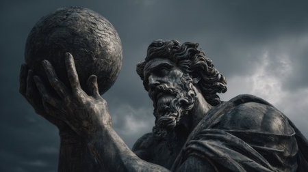 A striking statue depicts a strong figure holding a globe set against dark dramatic clouds.の素材