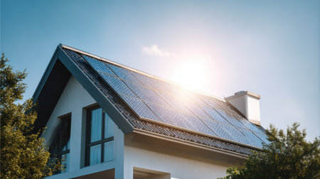 A bright house with solar panels on the roof catches sunlight under a clear blue sky.の素材