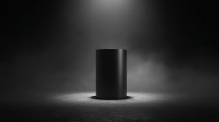A black cylinder draws attention in an atmospheric setting filled with shadows and fog evoking curiosity.の素材