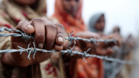 Hands gripping barbed wire symbolize struggle and resilience in a challenging environment.の素材