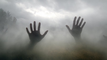 Hands emerge from the dense fog creating a haunting and mysterious scene at twilight.の素材