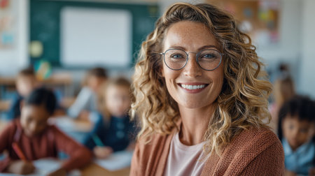 Happy teacher enjoys connecting with her students in a bright classroom setting during lessons.の素材