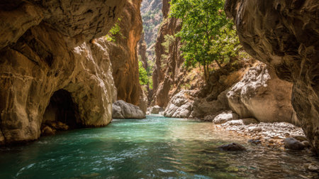 Clear turquoise water flows gently through narrow canyon walls lined with lush greenery.の素材