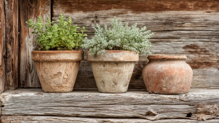 Three aged pots sit on an old wooden shelf each filled with vibrant green herbs creating a natural look.の素材