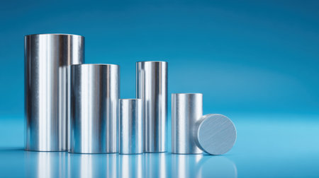 Various sizes of shiny metal cylinders create a visually appealing display against a blue backdrop.の素材