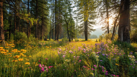 Sunlight bathes a colorful meadow with wildflowers as tall trees stand guard during sunset.の素材