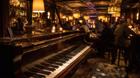 A piano stands prominently in a warmly lit bar where patrons enjoy music and drinks.の素材