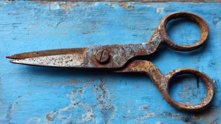 Rusty scissors lay on a bright blue wooden table inviting ideas and creativity with their vintage charm.の素材
