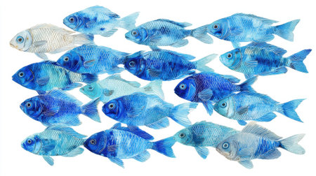 A group of beautiful fish in various shades of blue and white swim together in a lively pattern.の素材