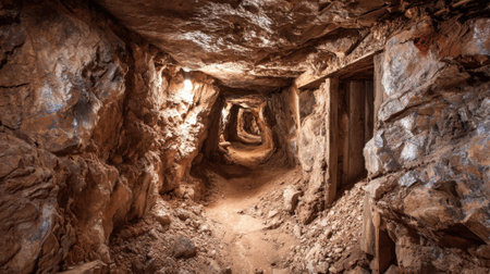 Winding through dusty tunnels mineral rich walls reveal the history of mining activities long ago.の素材