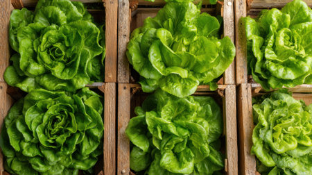 Bright green lettuce heads are carefully placed in wooden crates on a farm. The lush leaves show vibrant color and freshness, indicating a recent harvest under the midday sun.の素材