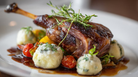 Mouthwatering roasted duck leg paired with fluffy mashed potatoes and vibrant vegetables delights the senses.の素材