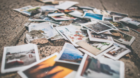 Colorful prints lie scattered on a textured surface showing diverse scenes from travels.の素材