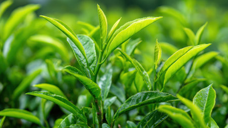 Vibrant green tea leaves bask in the warm sunlight on a tranquil hillside plantation.の素材