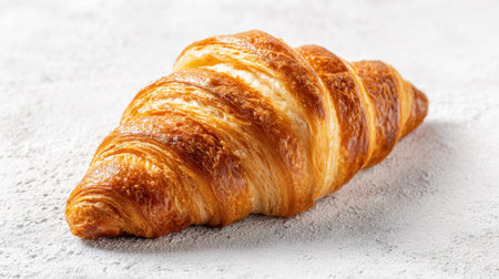 A croissant sits on a light-colored surface, showing its crispy exterior and soft, layered interior. It appears freshly baked, inviting anyone nearby to enjoy its buttery flavor.の素材