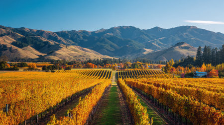 Scenic vineyards burst with fall colors as rolling hills rise under a sunny blue sky.の素材