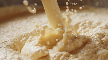 Batter is being poured into a large bowl, creating splashes and bubbles. The kitchen is bright and inviting, filled with the promise of freshly baked goods.の素材