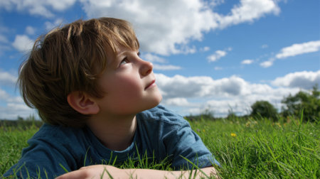 A young boy relaxes in soft grass captivated by the beauty of clouds drifting overhead.の素材